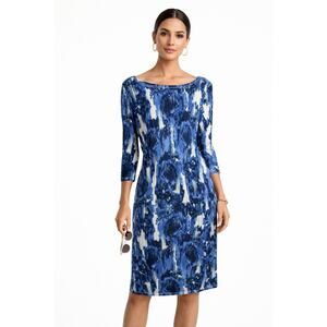 JEAN-PIERRE KLIFA Women’s 3/4 Sleeve Daphne Dress Blue/White/Tan Size Large